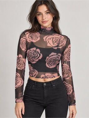 Soft goth Floral Rose Mesh Mock Neck Crop Top Black Pink Sheer Long Sleeve